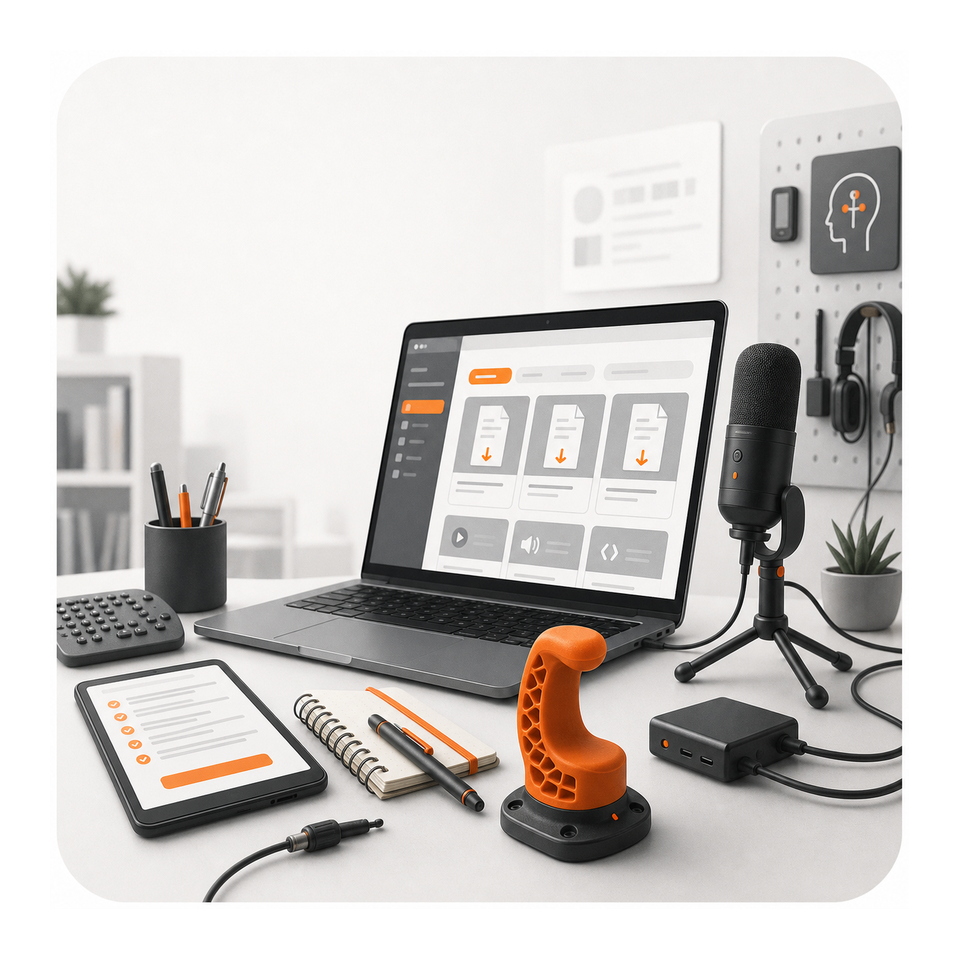 Workspace with a computer, microphone, and assistive tools.